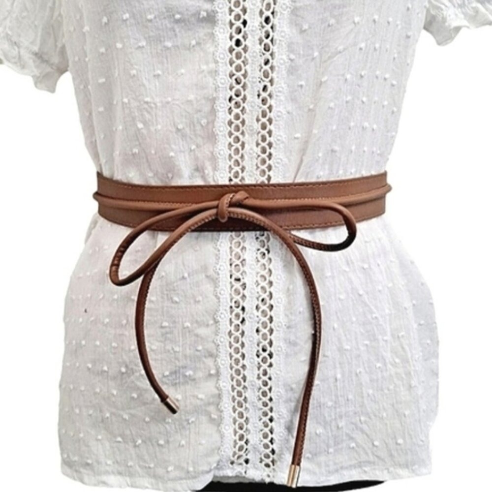 Brown Faux Leather Western Skinny Wrap Waist Belt Size S thick Boho classic